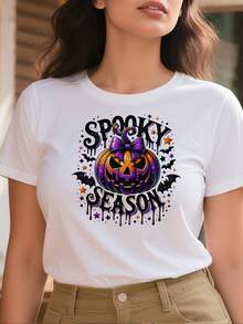 220g pure cotton women's casual T shirts thick and comfortable vintage Spooky Season pumpkin bat graphic tee - Blanco - Ver 2