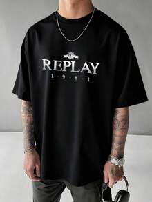 Street-Style Crew Neck T-Shirt With The Stylish And Personalized "REPLAY" Printed On It, Featuring A Loose Fit, Comfortable And Breathable, Suitable For Daily Wear. - Black - View 1