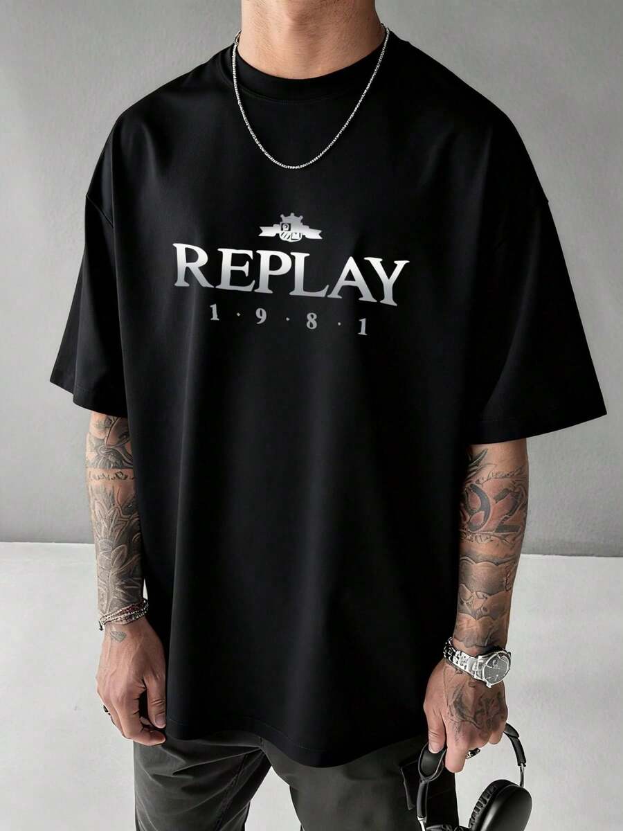 Street-Style Crew Neck T-Shirt With The Stylish And Personalized "REPLAY" Printed On It, Featuring A Loose Fit, Comfortable And Breathable, Suitable For Daily Wear. - Black - View 1