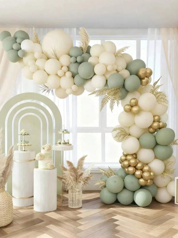 106 Stücke, Ballon Bogen Set, salbeigrünes Ballon Bogen Set mit goldenen, nackten, weißen, beigen und bohnengrünen Bällen für Jubiläumsparty, Hochzeit, Geburtstags-Babyparty Dekoration, Halloween Dekoration, Weihnachtsdekoration