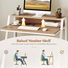GOFLAME Computer Desk With Monitor Stand,80 Cm Small Desk Compact Desk With Ample Storage Space, 2-Tier Workstation Desk, Space-Saving Study Writing Table Dressing Table With Trapezoidal Structure For Home Office - Khaki - View 8