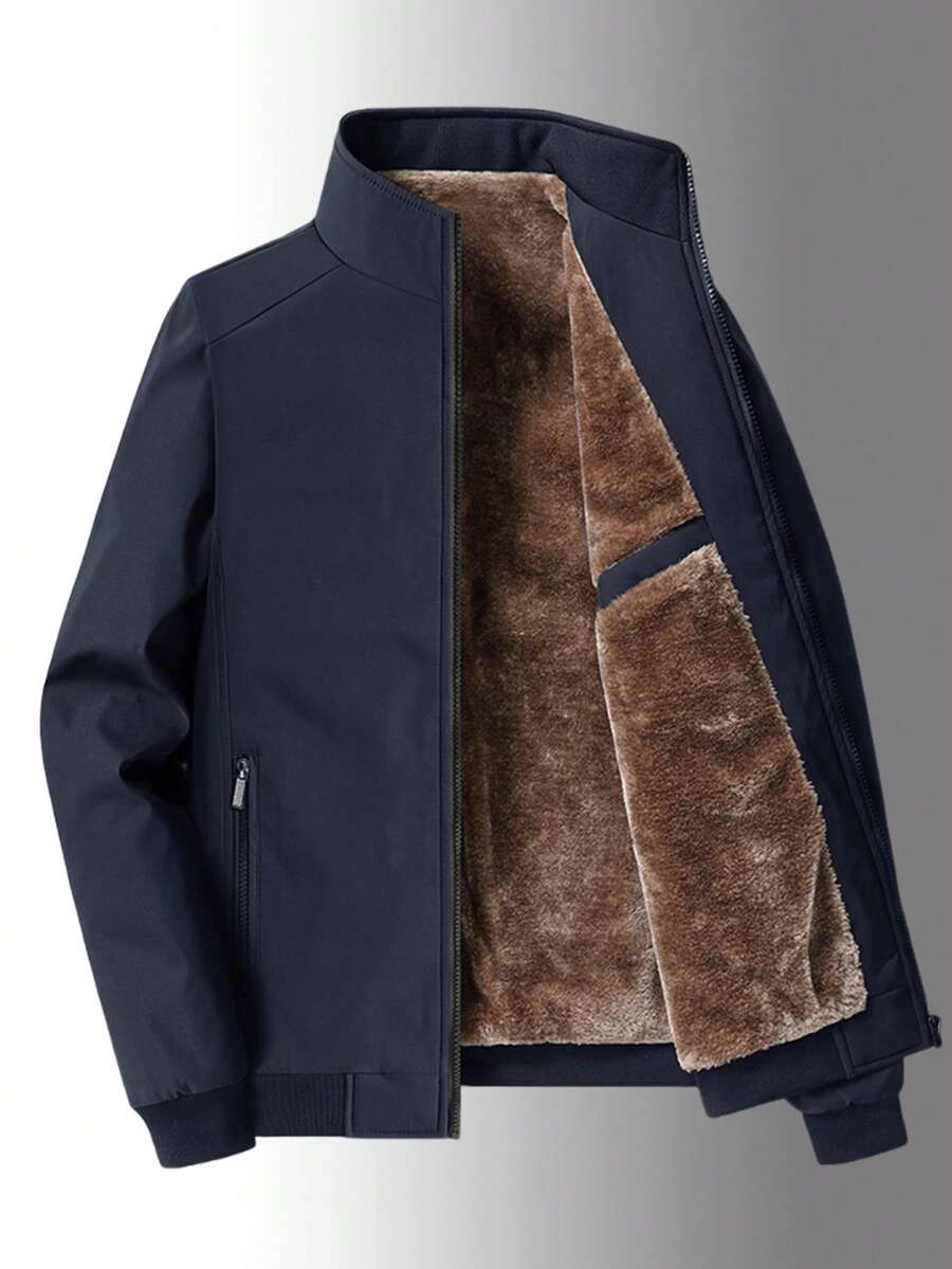 2025 Autumn/Winter Sherpa Lined Jacket, Thick Warm Padded Coat, Plus Size - Navy Blue - View 1