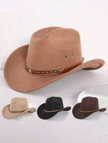 1Pc Back To School Western Cowboy Hat, Unisex, Felt Soft Woolen Hat, Belt Buckle Cowboy Hat, Suitable For Halloween, Holiday Parties, Daily Leisure, Etc