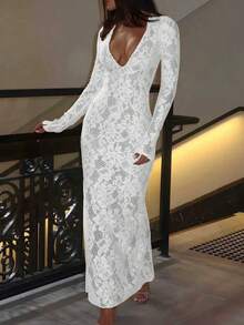 魅力优雅性感假日约会极简派对长袖蕾丝边V领紧身连衣裙 - 白色 - 查看 4