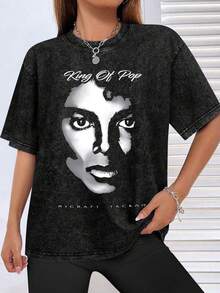 Men's Washed And Worn Michae Jackson Portrait T-Shirt, King Of Pop Print, High Street Loose And Worn Short Sleeved Shirt004 - Đen 2 - Xem 3