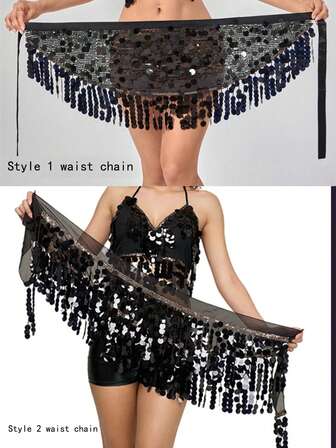 1 st. magdans paljett höfthalsduk chiffong tofsbälte midjekedja sjal karneval glansig kostym mardi gras scendans tillbehör