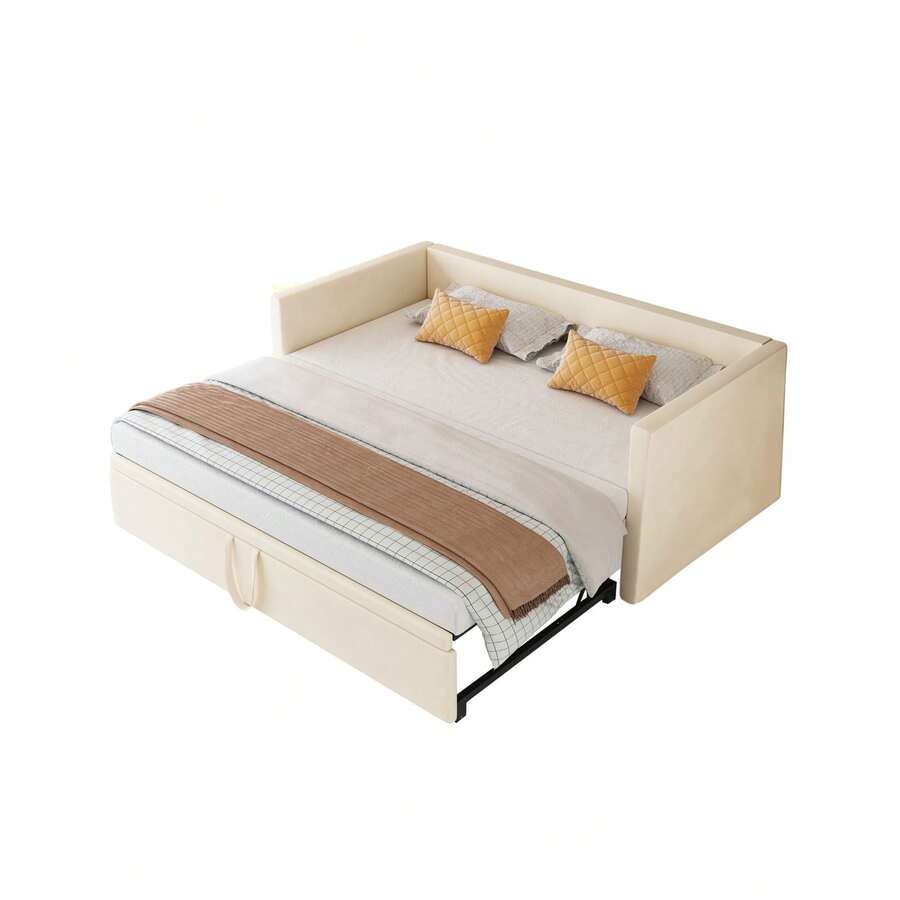 2-In-1 Upholstered Sofa Bed, 90*180*200 Cm, With Slatted Frame, Backrest, And Armrests, Covered In Skin-Friendly Velvet, Beige, Foldable Design With Pull-Out Bed Frame, Suitable For Apartments And Guest Rooms - 米色 - 查看 1