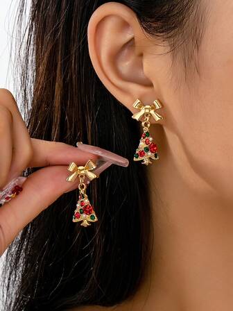 1对圣诞蝴蝶结耳环，水晶圣诞树吊坠耳环，节日珠宝礼物（女士）