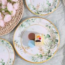 10/20/50pcs,Gold Rim Watercolor Eucalyptus Disposable Tableware, Green Leaf Gold Foil Print 7inch & 9inch Paper Plates,9oz Cups And Napkins,Elegant Green Eucalyptus Floral Plates For Wedding Bridal Shower Garden BabyShower Party Supplies - Multicolor - View 3