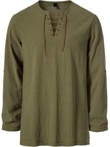 Men's Pure Cotton Vintage Lace Up Shirts For Pirate Renaissance Viking Medieval Costume Without Belt - 酒紅色 - 查看 10