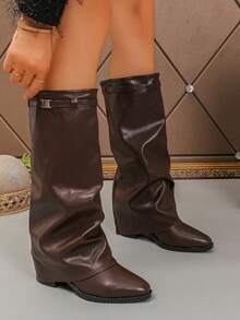 女士棕色粗跟过膝长靴，中筒纯色时尚百搭裤靴，褶皱长筒秋冬新款时尚靴，新款堆堆靴，派对靴 - 棕色 - 查看 6