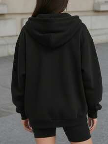 女士拉链长袖休闲卫衣外套，带口袋，秋冬街头风 - 黑色 - 查看 9