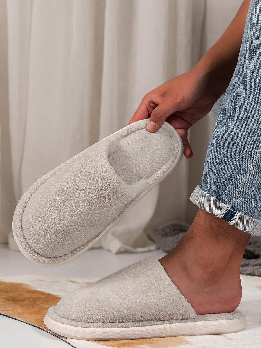 Men's Solid Color Casual Versatile Slippers, Soft & Comfortable For Long-Wear, Thick & Non-Slip Sole Indoor Shoes, Warm & Breathable Suitable For All, Short Plush Smooth Texture For Autumn/Winter - Grey - View 1