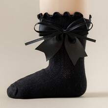 Little Girls Knee Calf Socks With Bow Tie Decor Solid Color Cute Princess Knitted Socks - Black - View 4
