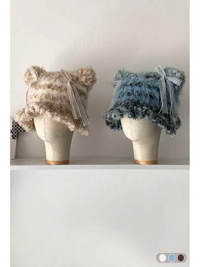 قبعة بيني مُتدرجة اللون مع فيونكة، قبعة محبوكة ناعمة بأذنين قطة مخططة، قبعة بيني دافئة ذات أذنين للخريف/الشتاء، قبعة محبوكة ناعمة مزينة بفيونكة متعددة الاستخدامات للنساء