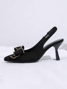 Fall/Winter New Stylish Black Kitten Heel Rhinestone Bow Decor Office Party Wedding Women High Heel Pumps, Elegant - Black - View 4