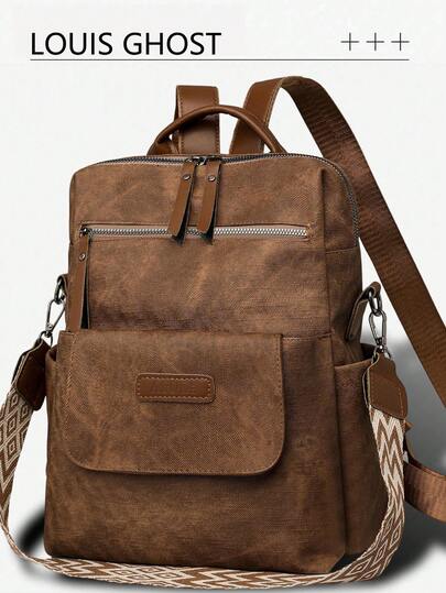 Multi-Functional Outdoor Backpack - A Versatile Companion For Daily Commuting And Campus Life​​ This Brown Backpack Perfectly With Design, Featuring Multiple Functional Pockets On The Front: A Top Double Zipper Opening For Quick Access To Small Items, A Central Flap Pocket With A Leather Brand Badge, And Side Metal Pockets For Carrying A Water Bottle Or Accessories.