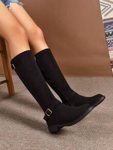 秋冬女士过膝长靴，时尚黑色侧拉链机车靴，过膝骑行靴。适合日常穿着、参加派对、时装秀，中筒靴，过膝靴，日常鞋履。 - 黑色 - 查看 4