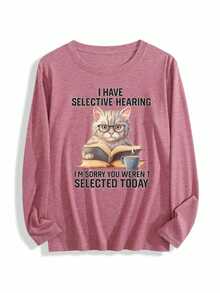 Selective Hearing Cat Reading Book With Coffee PosterWomens Long-Sleeve Crewneck T-Shirt - Màu Hồng  San hô - Xem 1