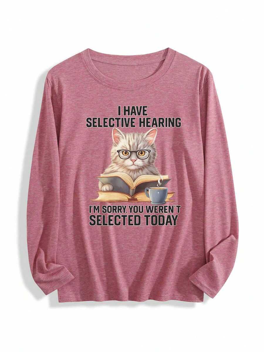 Selective Hearing Cat Reading Book With Coffee PosterWomens Long-Sleeve Crewneck T-Shirt - Màu Hồng San hô - Xem 1