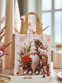 Set de 1 pungă cadou cu tematică de Crăciun aurie, pungi din material nețesut, pungi tote, pungi cadou de sărbători cu tonuri calde de aur și fulgi de zăpadă, decorate cu Moș Crăciun vesel, fulgi de zăpadă strălucitori, flori de Crăciun etc. Fiecare pungă are un mâner auriu confortabil, potrivit pentru întâlniri de familie.