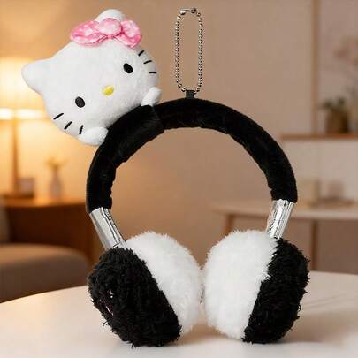 Miniso Hello Kitty 黑白简约系列毛绒耳机挂饰，超柔软短毛绒亲肤材质，精致刺绣还原经典形象，挂在耳机上彰显个性，通勤、咖啡厅休闲装饰必备单品（1 件）