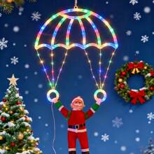 1个圣诞老人降落伞灯，创意圣诞老人降落伞造型，USB供电，多种照明模式，适合冬季和圣诞节装饰，可用于圣诞树、客厅、卧室、餐厅玻璃和墙面装饰。