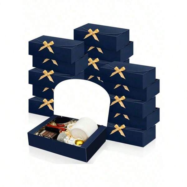 4pcs Navy Blue Covered Gift Boxes, Blue Kraft Paper Gift Boxes With Satin Ribbon, Suitable For Bridesmaids, Proposal, Weddings, Packaging, Gifts, Birthdays, Cupcake Boxes, Valentine's Day Gift Boxes