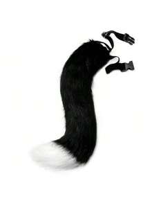 1pc Party Performance Plush Fox/Wolf Tail Prop, Handmade Cute Furry Animal Tail Set With Headband For Cosplay, Halloween, Christmas, Gift, Party Stage Accessories - Tassel Cat Ear Headband, Lace Bell Bracelet, Lace Bell Necklace, Bell Headband - Black and White - View 3