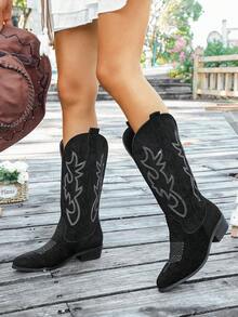 女式西部牛仔靴 - 黑色过膝宽筒牛仔靴，经典刺绣，一脚蹬尖头粗跟时尚复古经典高筒靴，适合秋冬季女孩和女士 - 黑色 - 查看 6