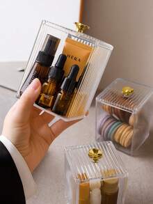 Kit Of 3 Multipurpose Jars, Cotton Swab Holder, Acrylic Accessories Organizer With Transparent Lid - Multicolor - View 2