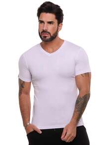 Blusa masculina gola V básica branca malha fria casual  confortável estilosa pratica perfeita - Branco - View 7