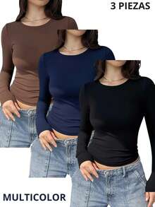 Set de 3 camisetas afelpadas para mujer, multicolor, clásicas y elegantes, colores lisos, sin estampados, tela de poliéster, con interior afelpado ligero, suave y cálido, ideales para temperadas de otoño, invierno e inicios de primavera, cuello redondo, con manga larga. Silueta ajustada para resaltar mejor tu figura. Te llagarán 3 camisetas afelpadas, una en color negro y 2 en colores al azar. - Multicolor - Ver 9