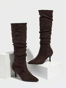 2025秋冬新款女士时尚舒适百搭纯色褶皱套脚高跟长靴，适合各种场合，猫跟靴，派对靴 - 咖啡棕 - 查看 6