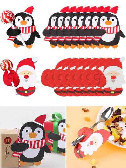 50/100pcs Christmas Lollipop Paper Cards Candy Holder Cards Santa Claus Penguin Candy Sugar Decorations Xmas Cards For Candy Package Wrapping Party Supplies Exchange Cards Party Favors