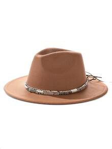 1pc Bohemian Style Faux Leather Decor Felt Fedora Hat, Soft Brim, Unisex Fashion For Work And Commute, Suitable For Autumn And Winter