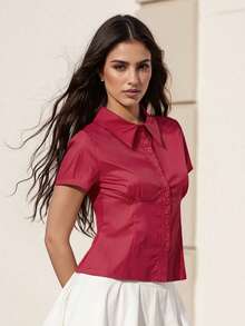 Women's Plaid Shirt Button-Up Short Sleeve Collared Slim Fit Casual Summer Blouse Tops - 紅色 - 查看 4