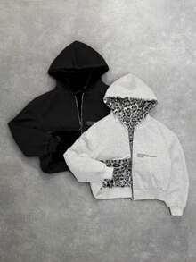 2025 New Autumn And Winter New Hooded Sweater Can Be Worn On Both Sides Retro Leopard Print Zipper Hoodie Loose Top - 灰色 - 查看 1