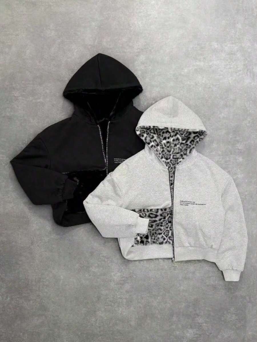 2025 New Autumn And Winter New Hooded Sweater Can Be Worn On Both Sides Retro Leopard Print Zipper Hoodie Loose Top - 灰色 - 查看 1