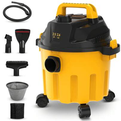 Wet Dry Vac, 2.6 Gallon, 2.5 Peak , 3 In 1 Portable Shop Vacuum With Blowing Function, Attachments Storage, Perfect For Cleaning Floor, Upholstery, Gap, Car, Black/Yellow, ETL Listed