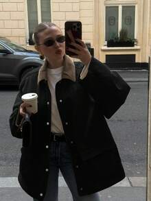 Áo khoác gió nhẹ cổ nhung kẻ phối màu phong cách retro dáng rộng dành cho nữ năm 2026, màu đen, thích hợp cho mọi mùa xuân. - màu đen - Xem 5