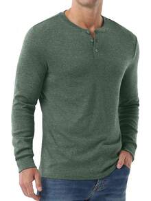 Men's Henley Long Sleeve Casual Classic Button Pullover Tee - Styles - Hijau - View 3