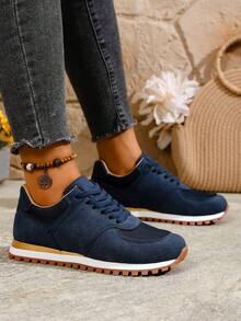 Damskie, lekkie, sznurowane, casualowe trampki w stylu retro z blokami kolorów, modne buty sportowe z okrągłym noskiem - Granatowy - Zobacz 2