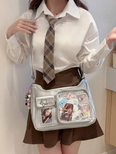 日本新款Y2K时尚逛街休闲简约街头通勤大容量女学院风油蜡皮透明徽章痛包多功能单肩包斜挎包，可放粒面，可挂钥匙扣，可放明信片，可参加漫画展，可参加派对，可送朋友