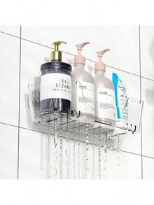 1 pieza Estante de almacenamiento transparente para baño con agujeros de drenaje - Bandeja de bañera de plástico duradero, de secado rápido y fácil de limpiar, cesta de ducha adecuada para uso en el baño, diseño montado en la pared, almacenamiento y organización del baño, accesorios de baño, estante.
