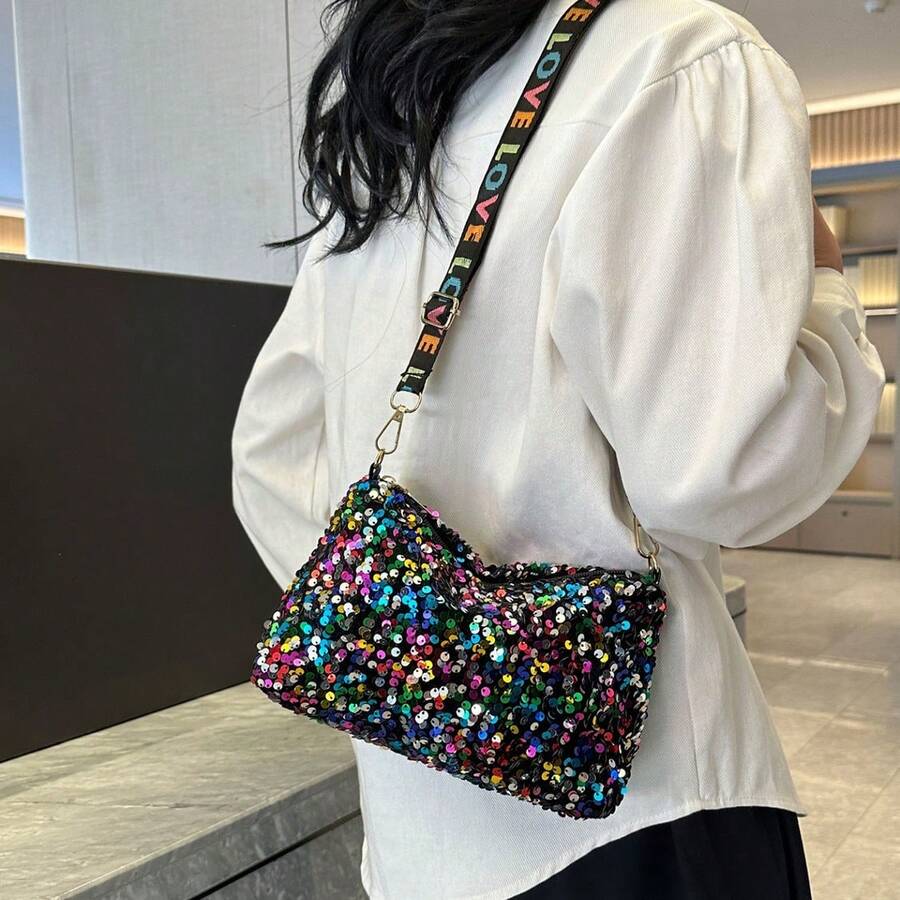 Fashionable Glitter Sequin Rectangle Crossbody Bag For Women, Unique Zipper Closure Chain Strap Clutch Purse - Multicolor - View 1