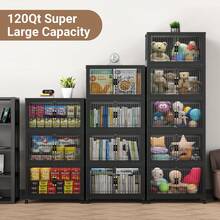 27.5inch 600Qt/19inch 200Qt Stackable Storage Bins, Extra Large Closet Organizer Collapsible Drawer Boxes With Wheels, Folding Plastic Cabinet Containers For Home Kitchen Room Organization, 5Pack Black, Office Storage, Closet Organization, Compact Design, Stackable Bins, Durable Plastic, Wheeled Containers, Household Essentials, Decluttering Tools - 四層 - 查看 5