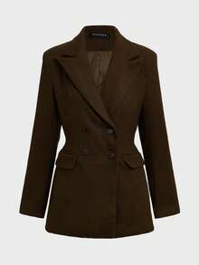 Chaqueta de traje de negocios elegante y casual para ir al trabajo, de unicolor, con doble botonadura, cuello abierto, manga larga y cintura ajustada, para otoño - Café integral - Ver 2