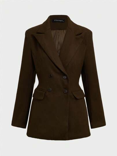 优雅休闲通勤商务时尚纯色双排扣开领长袖修身收腰女士办公商务套装外套，秋冬款