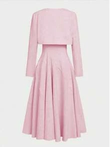 两件套优雅日常通勤商务精致约会短款宽松长袖外套上衣+吊带腰部细节不对称下摆长裙，女士套装，粉色春季 - 粉色 - 查看 7